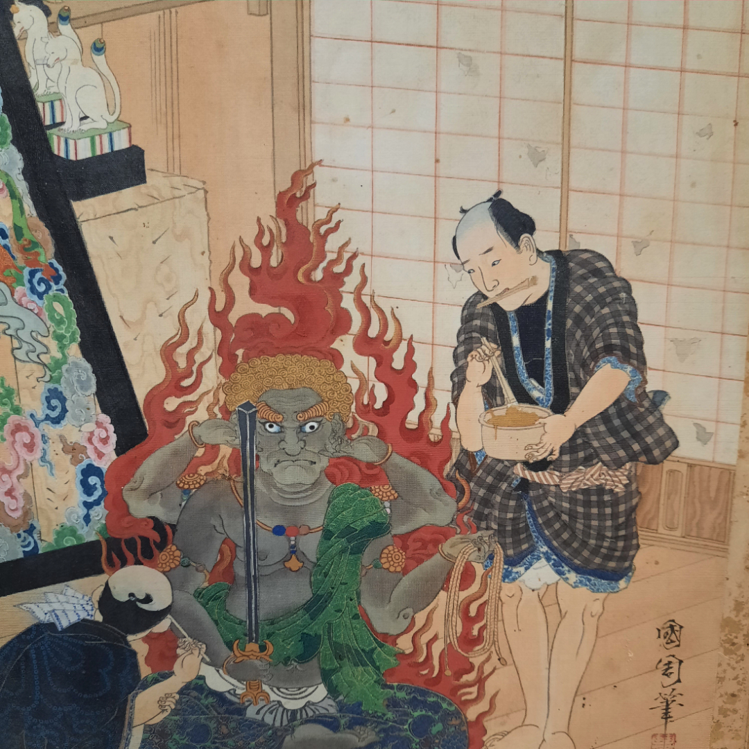 Картина художника Тоёхара Кунитика, ткань, раскрашенная вручную. Полотно 30х33.. Картинка 3